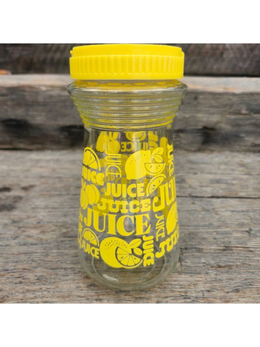 Vintage 70s Juice Glass Carafe Lemon Yellow Typography Plastic Lid Retro MCM